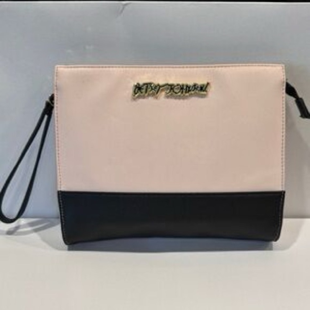 Betsey Johnson Colorblock Wristlet Clutch Blush Black Gold Logo Cosmetic Bag NWT